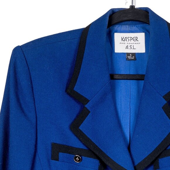 Kasper ASL VTG Wool Jacket 6 Womens Blue Black Piping Button Winter 1980s Pocket - Picture 2 of 6